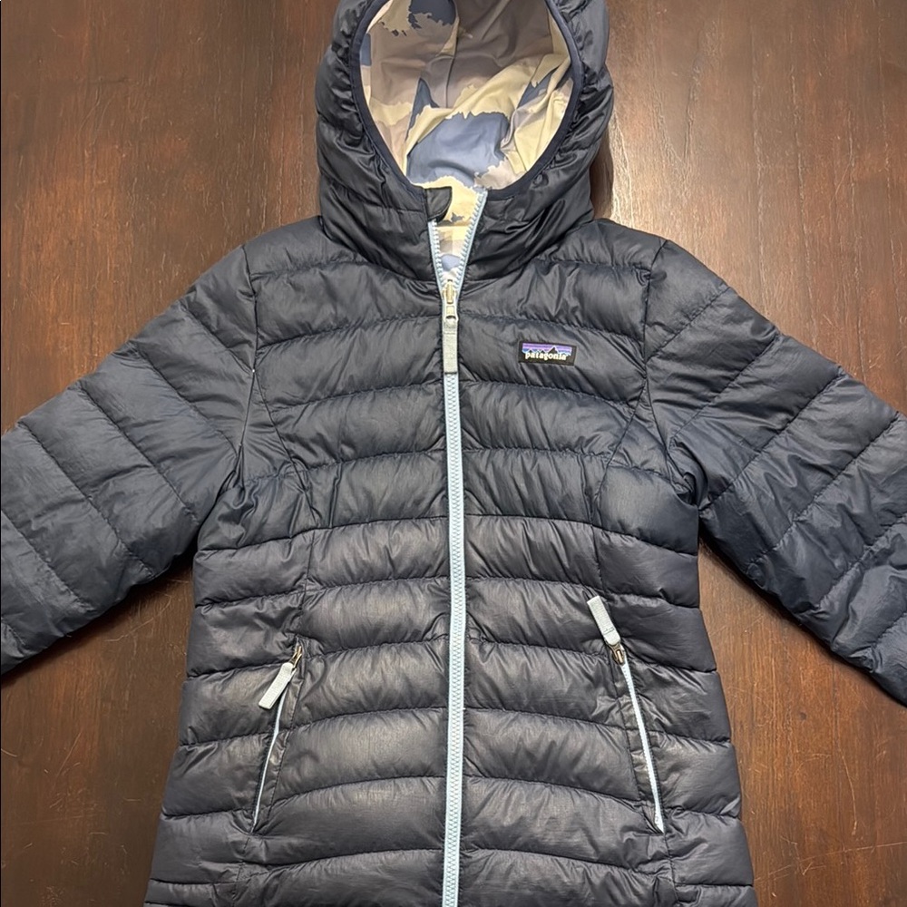 Patagonia Kids Navy Hooded Puffer Jacket with Light Trim